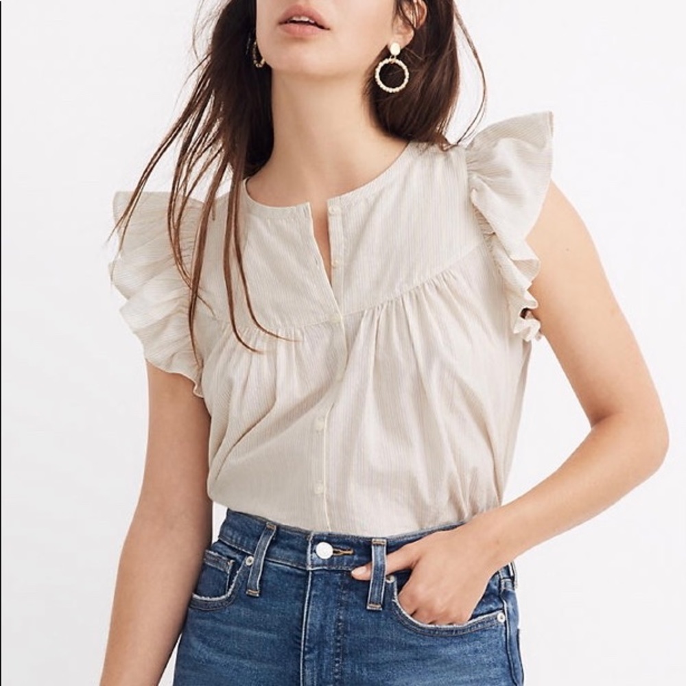 Madewell Ruffle-Sleeve Bib Top in Metallic Stripe